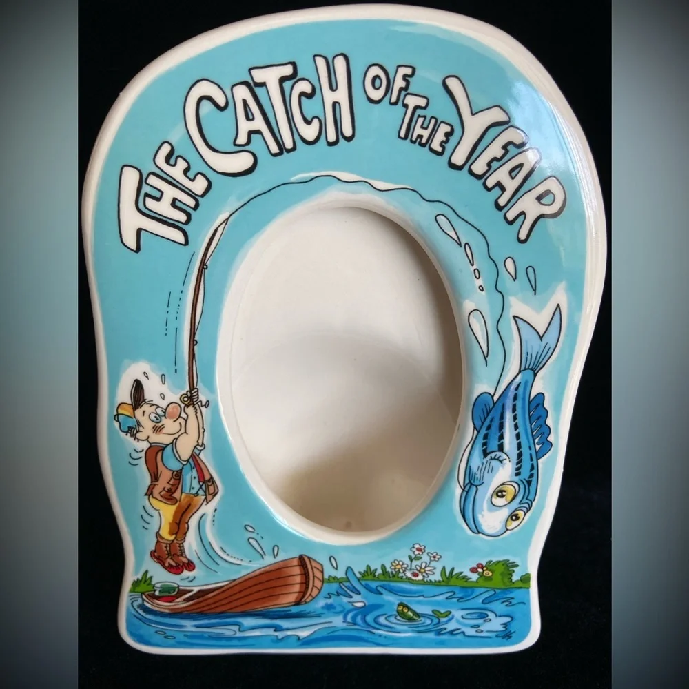 “The Catch Of The Year” Fishing Themed Ceramic Blue Frame Made By Russ 7 x 5.5